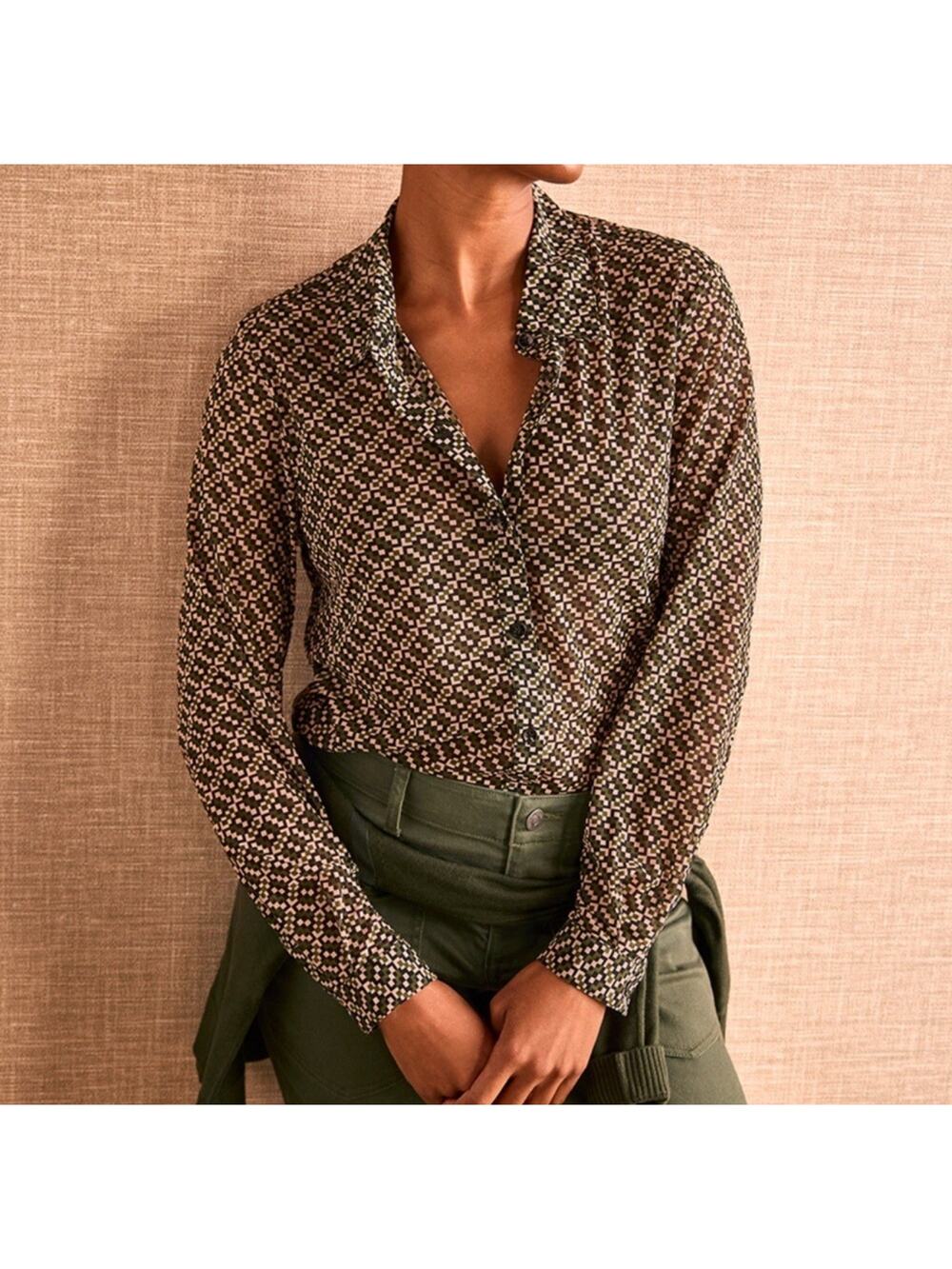 CAbi Mesh Shirt Sz M Green Black White Print Button Up Sheer NWOT